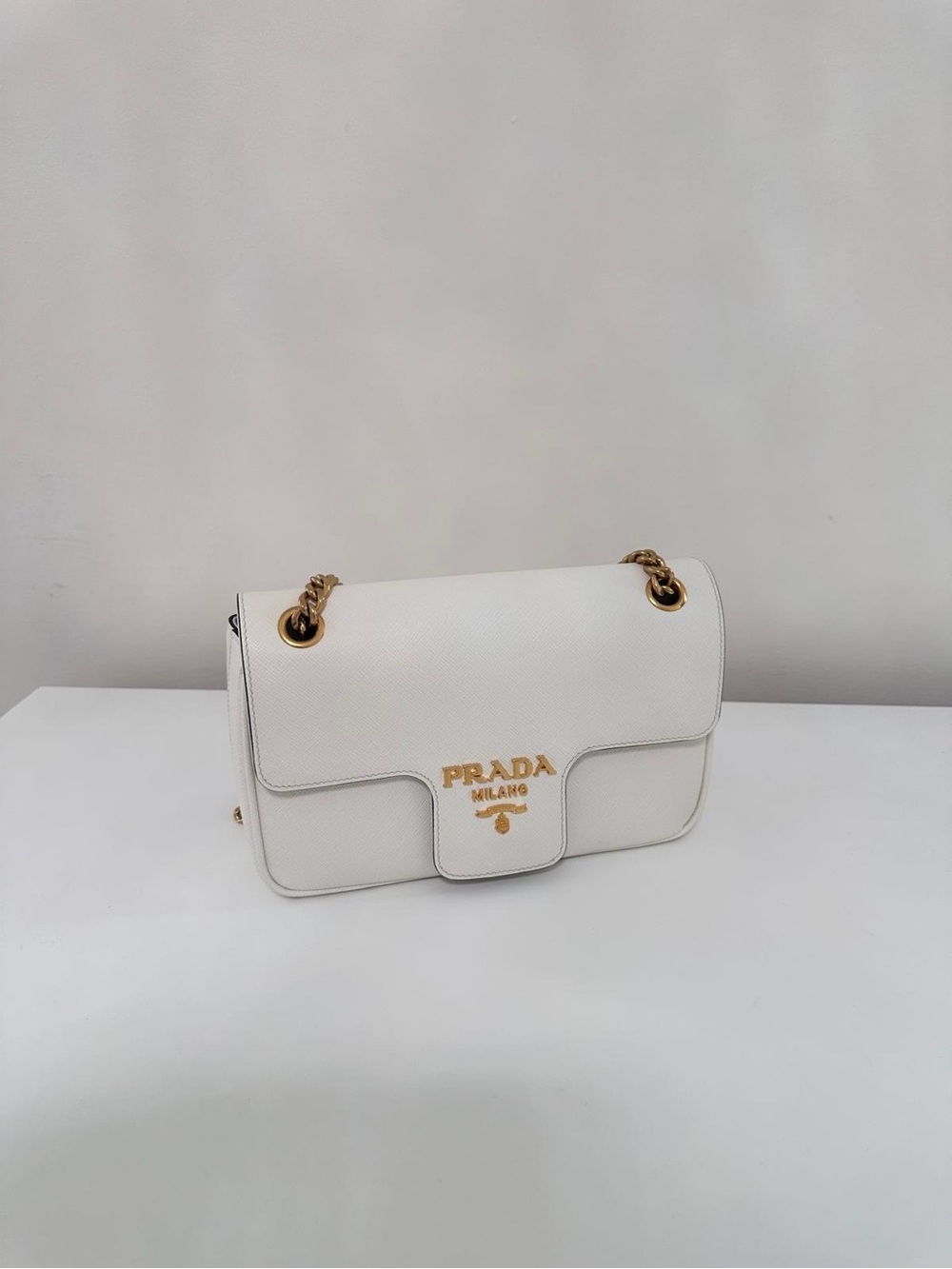 Prada White Saffiano Shoulder Bag with Gold Hardware